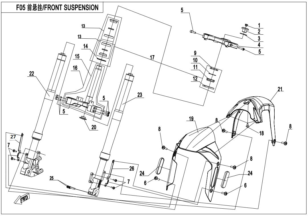 2023 CF MOTO 250SR 前悬架(星光白/星光黑)     FRONT SUSPENSION（NEBULA WHITE/NEBULA BLACK） exploded diagram