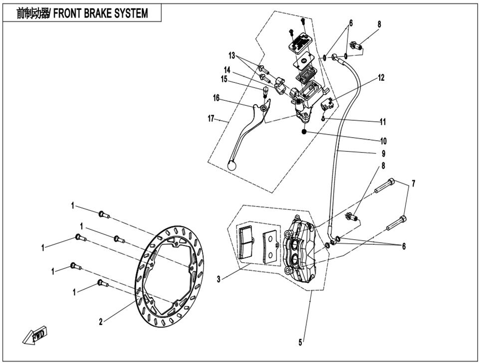 2023 CF MOTO 250SR 前制动器(航特)     FRONT BRAKE SYSTEM（HANGTE） exploded diagram