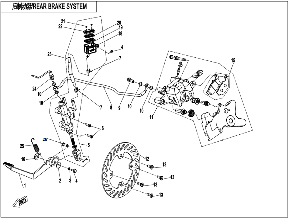 2023 CF MOTO 250SR 后制动器(航特)     REAR BRAKE SYSTEM（HANGTE） exploded diagram
