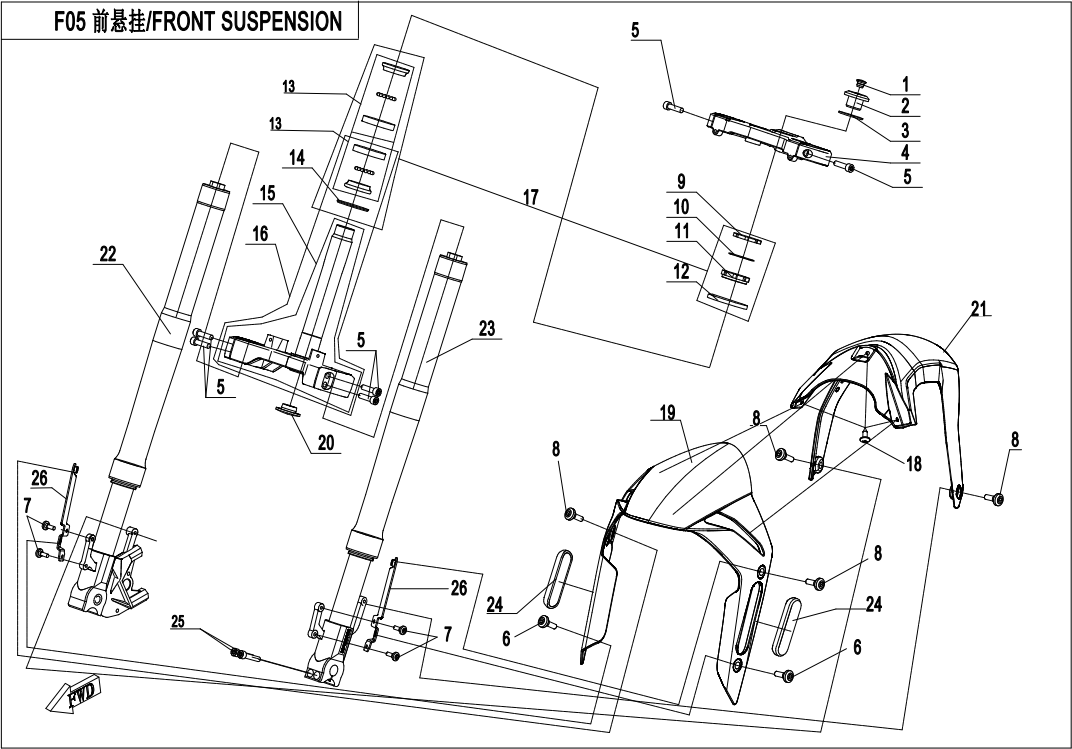 2020 CF MOTO 250SR 前悬架(星光白/星光黑)   FRONT SUSPENSION (NEBULA WHITE/NEBULA BLACK) exploded diagram