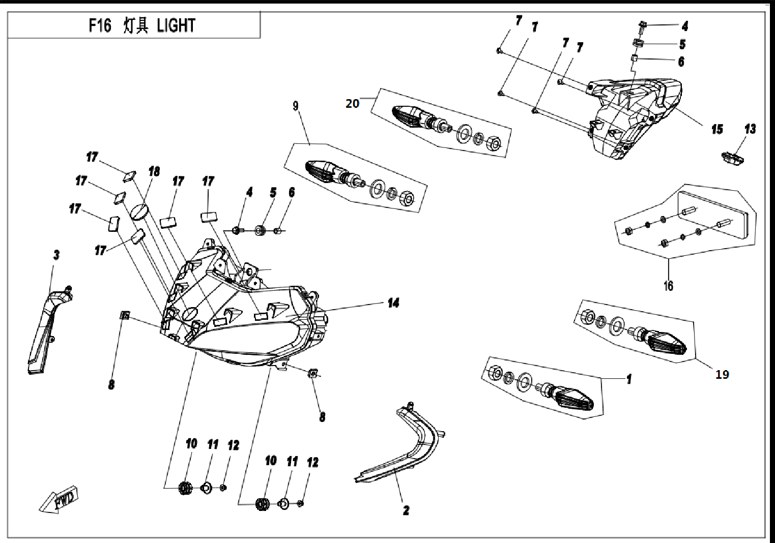 2022 CF MOTO 250SR 灯具     LIGHTS exploded diagram