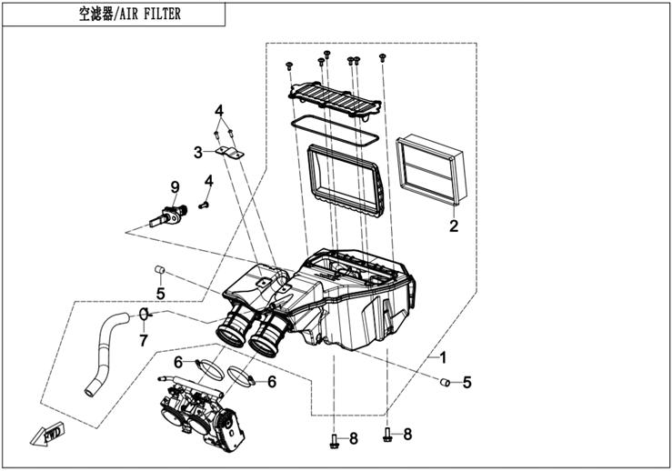 2023 CF MOTO 800NK AIR FILTER exploded diagram