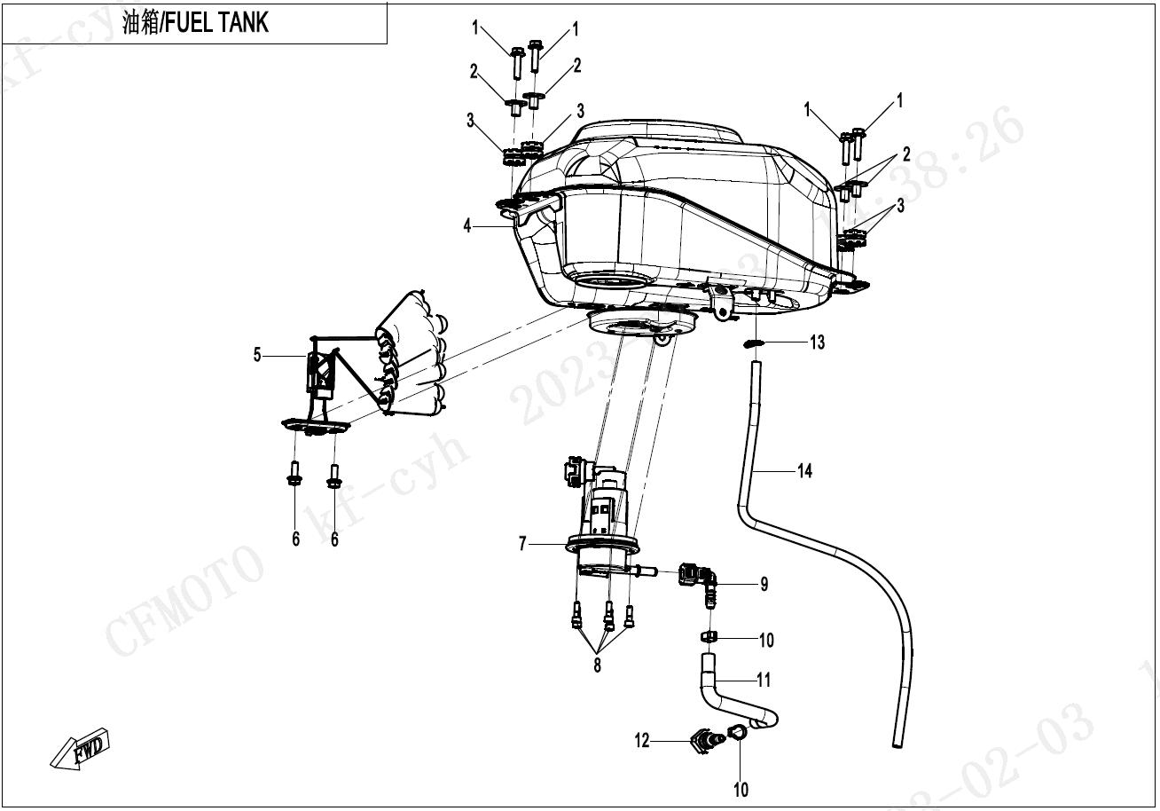 2023 CF MOTO XO PAPIO FUEL TANK exploded diagram