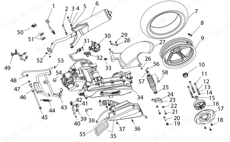 Muffler, Rear Wheel & Air Cleaner