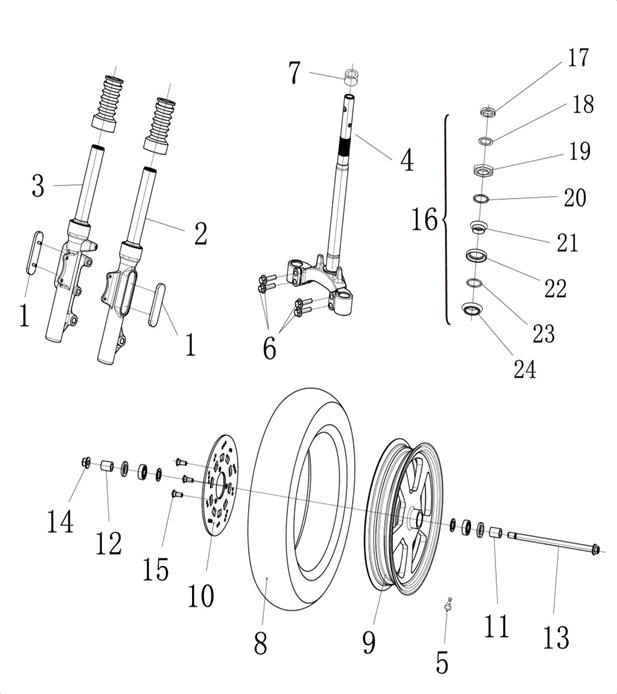 FRONT WHEEL + FRONT FORK