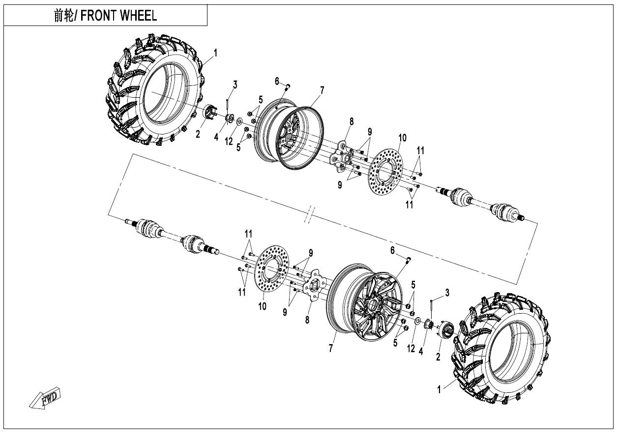 2022 CF MOTO ZFORCE 800 TRAIL FRONT WHEEL exploded diagram