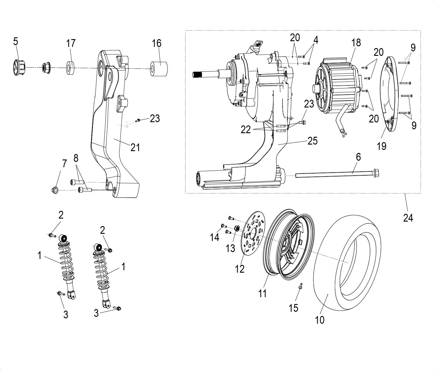 REAR WHEEL + REAR SHOCK ABSORBER + ELECTRIC MOTOR
