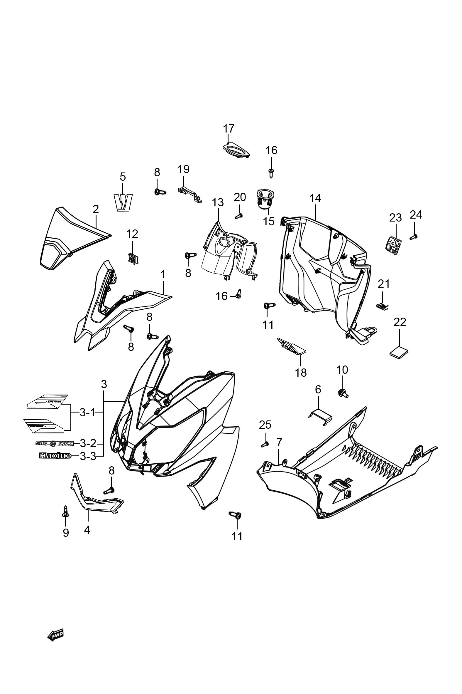 2023 豪爵 AFR AFR125S ABS版 护罩组 exploded diagram