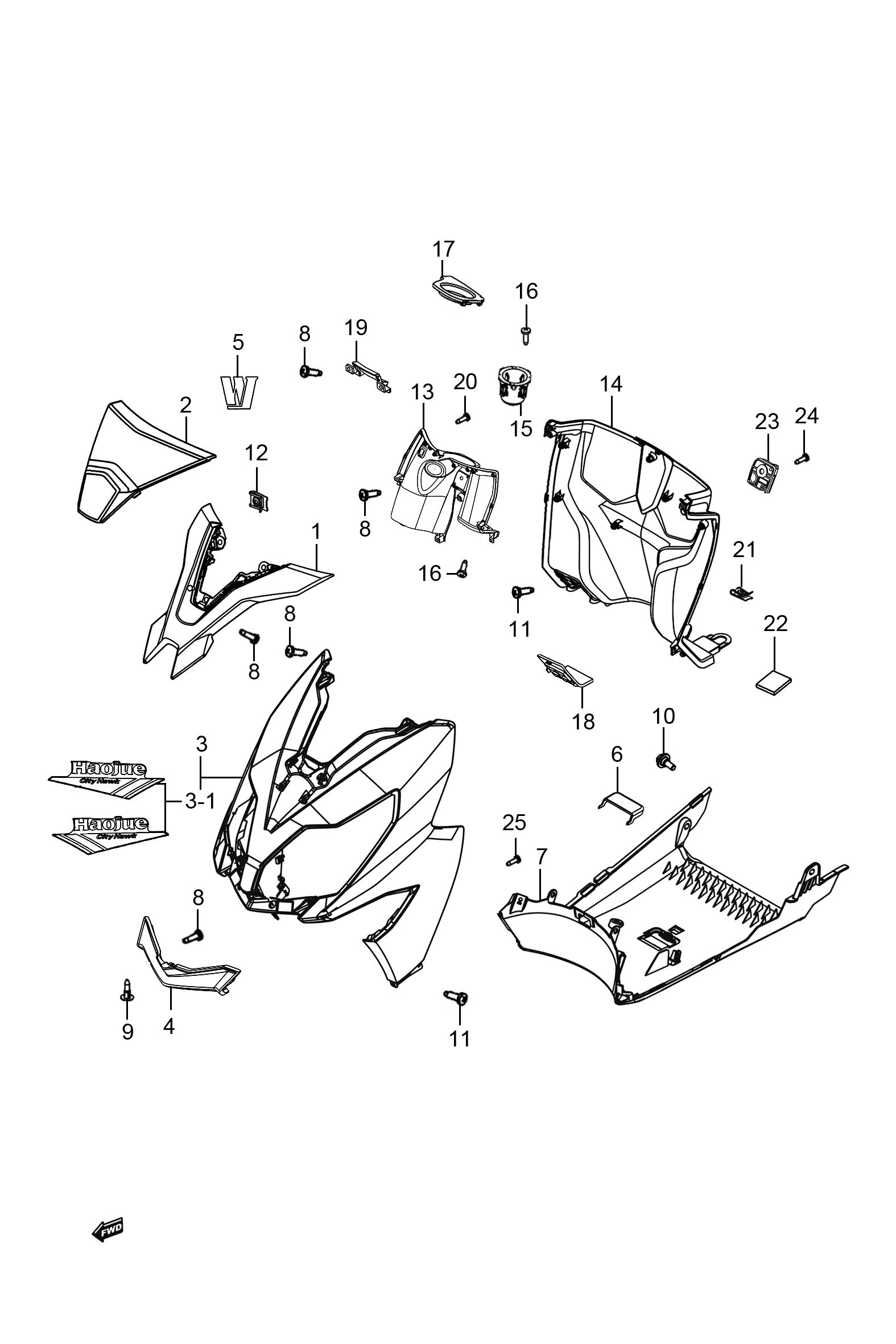 2023 豪爵 AFR AFR125 脚启动 护罩组 exploded diagram