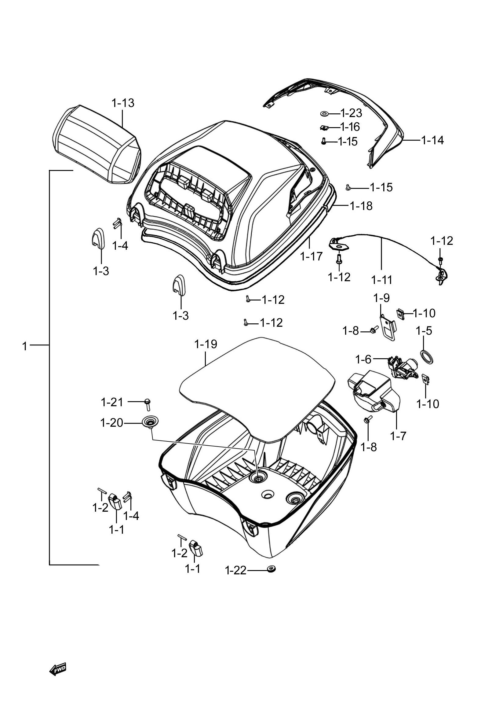 2023 豪爵 AFR AFR125 脚启动 尾箱组 exploded diagram