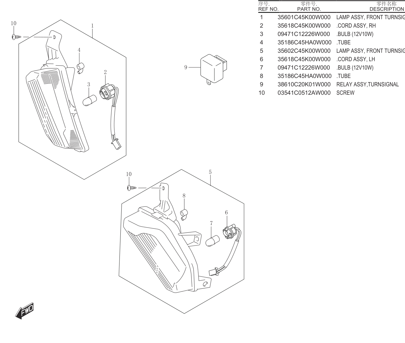 2020 铃木(轻骑铃木) UY UY125 百年纪念版 前转向灯 exploded diagram
