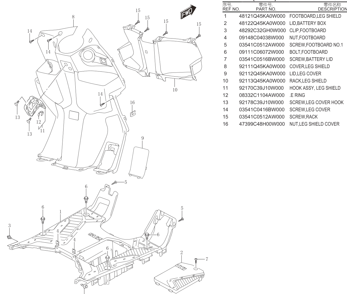 2023 铃木(轻骑铃木) UY UY125 LED款 REAR LEG SHIELD exploded diagram