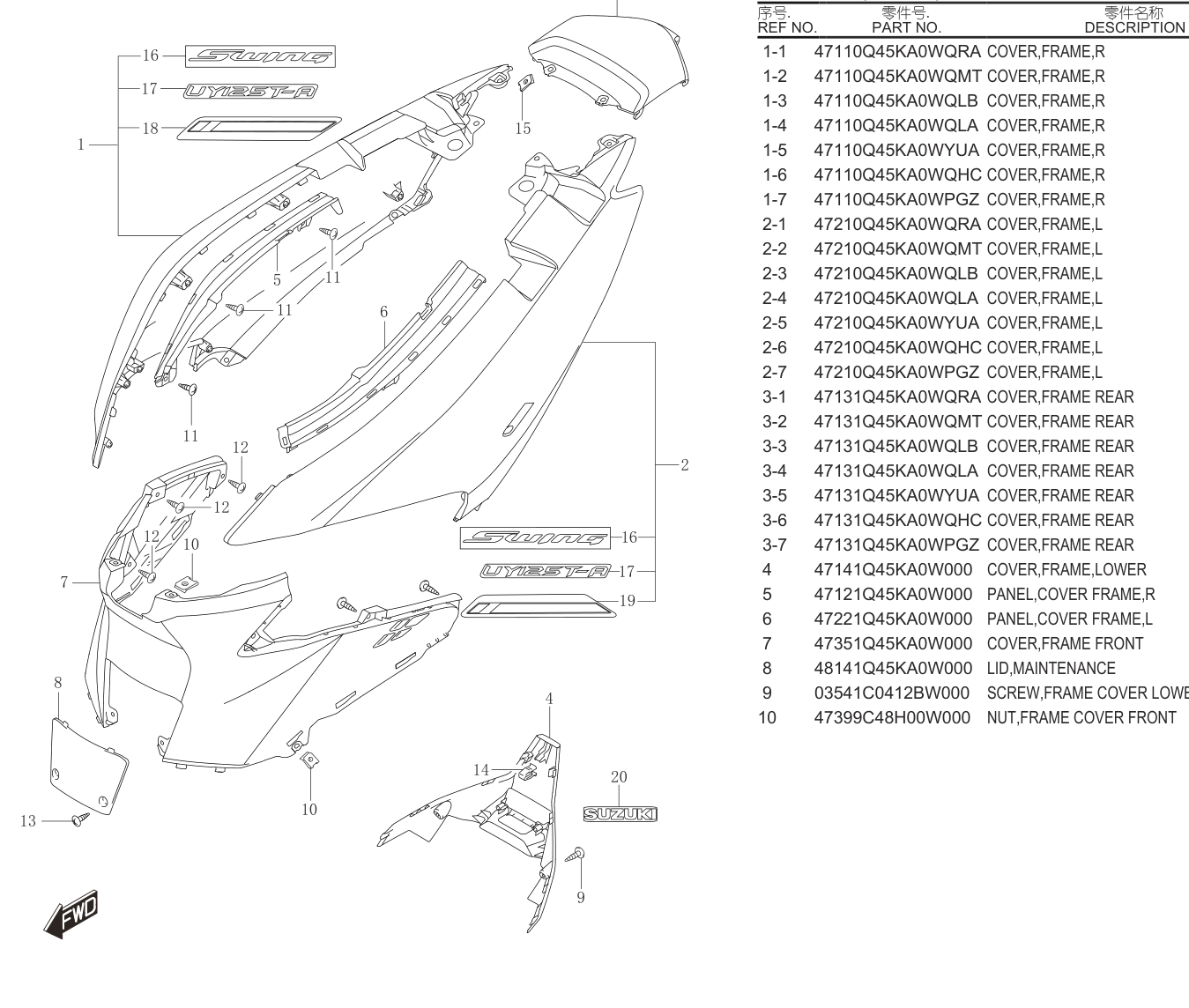 2023 铃木(轻骑铃木) UY UY125 LED款 FRAME COVER(UY125T-A) exploded diagram