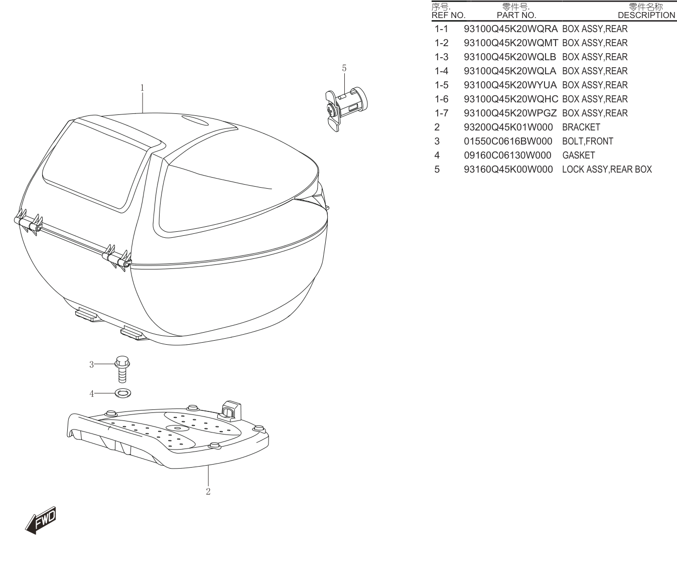 2023 铃木(轻骑铃木) UY UY125 LED款 REAR BOX exploded diagram