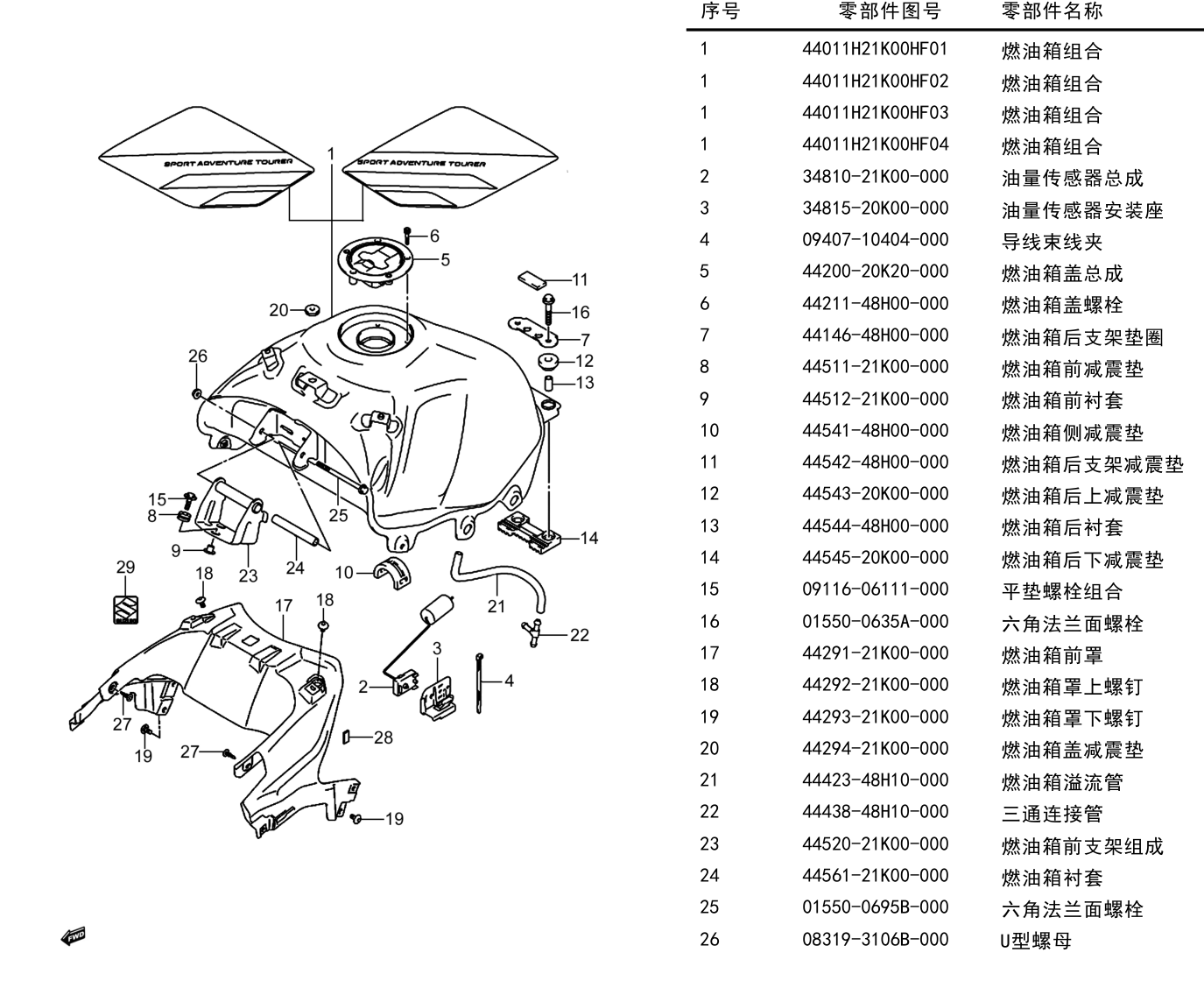 2018 铃木(豪爵铃木) DL DL250 ABS版 燃油箱组 exploded diagram