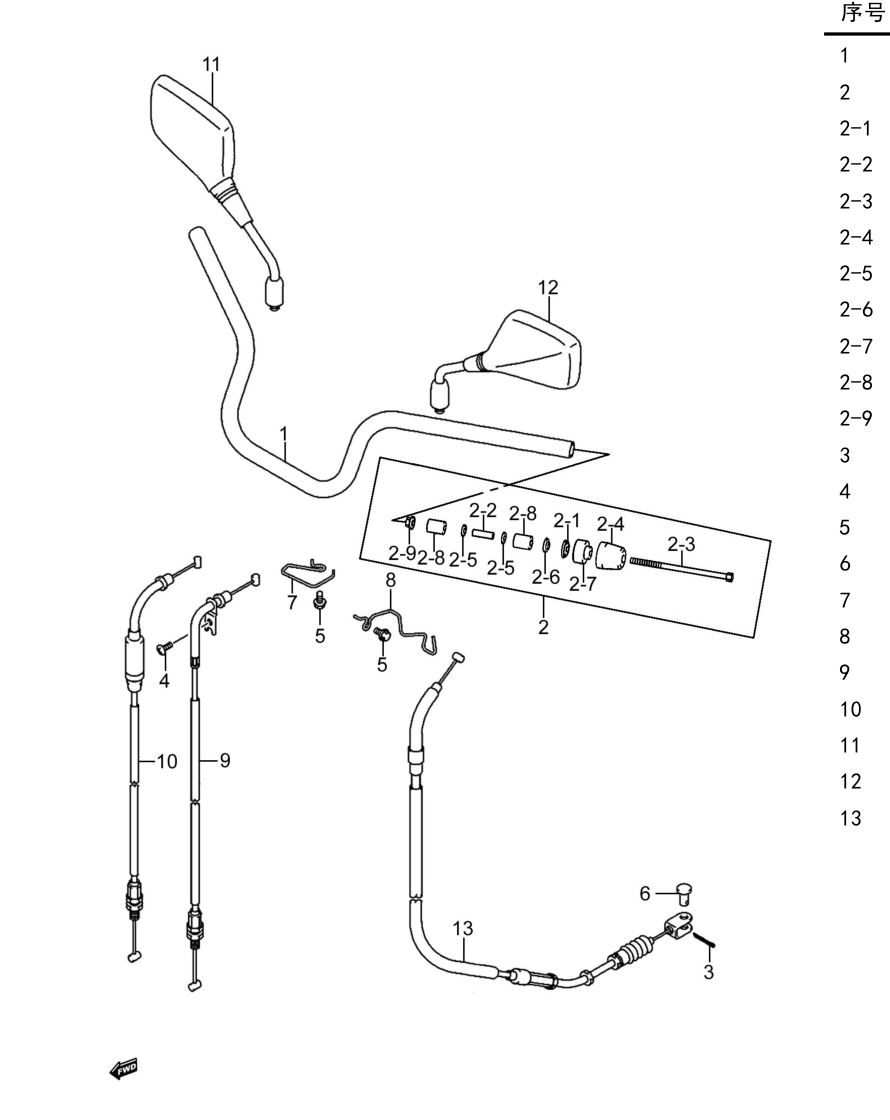 2022 铃木(豪爵铃木) DL DL250 车把管组 exploded diagram