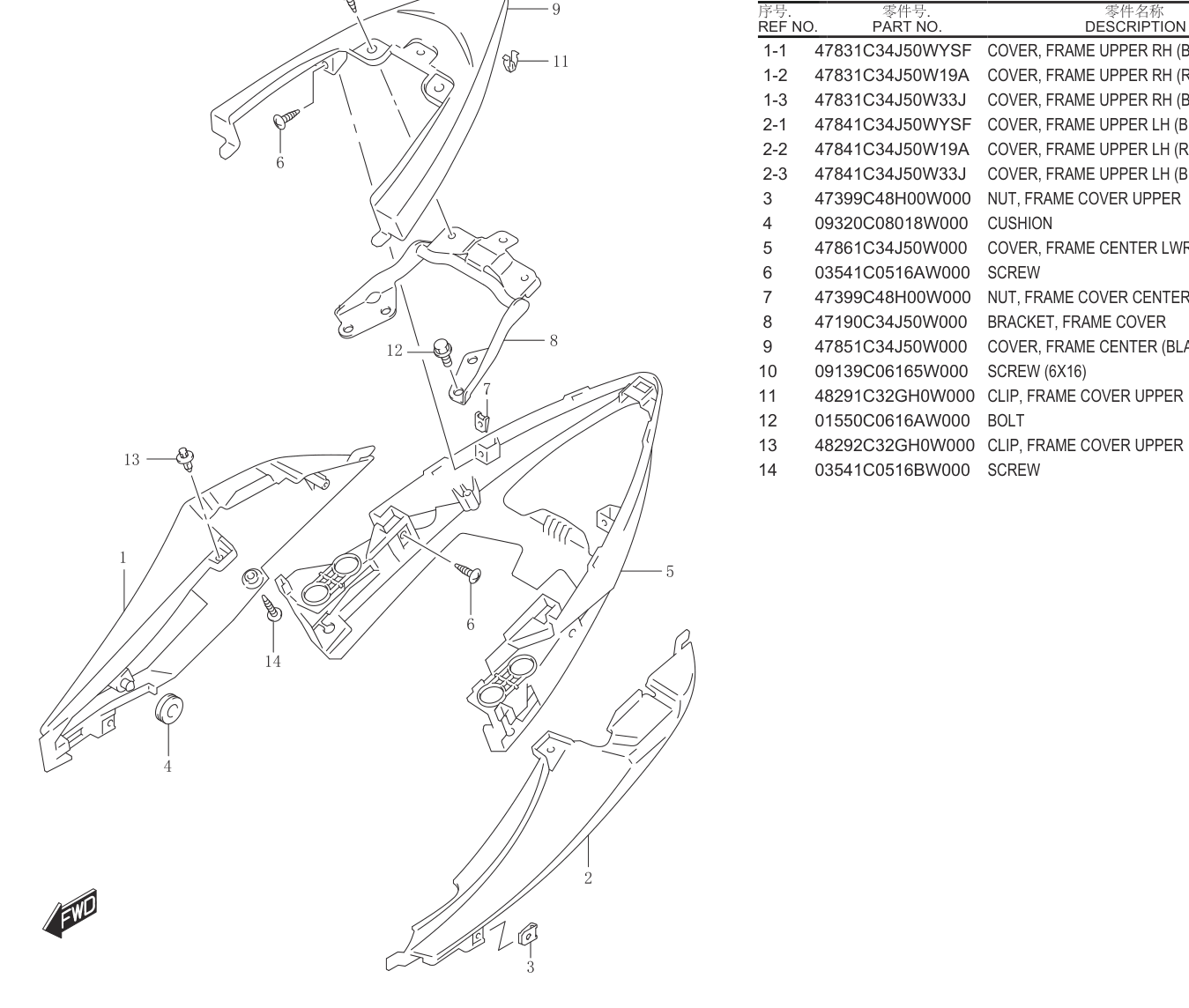 2018 铃木(豪爵铃木) GSX GSX150F FRAME COVER................... 49 exploded diagram