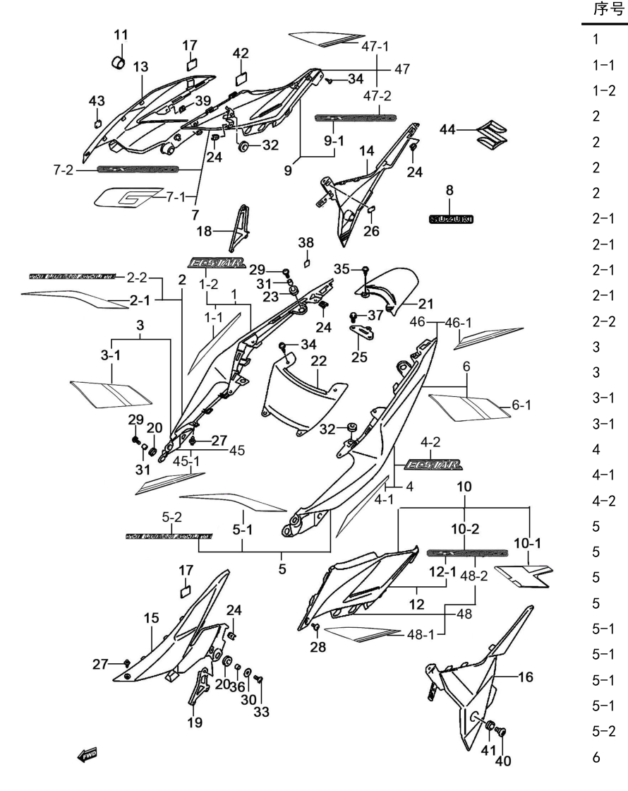 2024 铃木(豪爵铃木) GSX GSX250R-E 车体盖组 exploded diagram