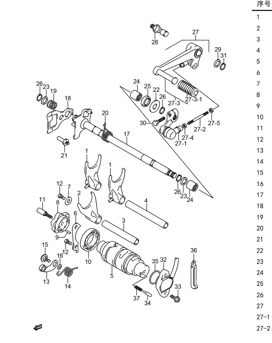 2019 铃木(豪爵铃木) GW GW250 骊驰 ABS版 变档机构组 exploded diagram
