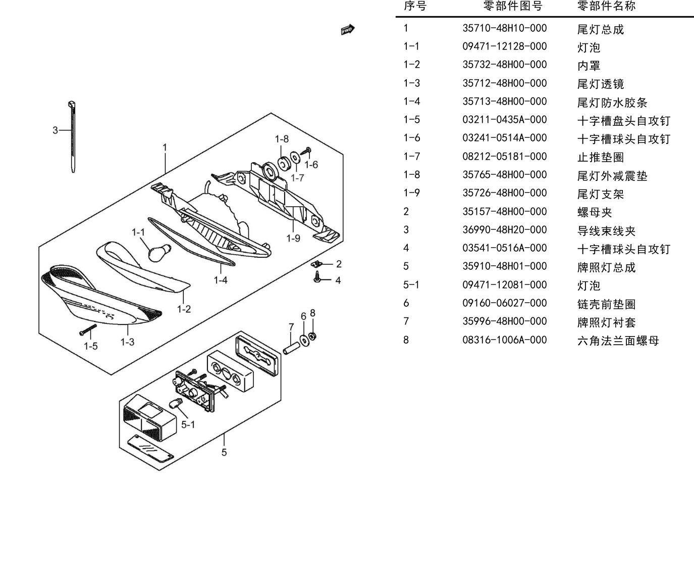 2019 铃木(豪爵铃木) GW GW250 骊驰 ABS版 尾灯组 exploded diagram