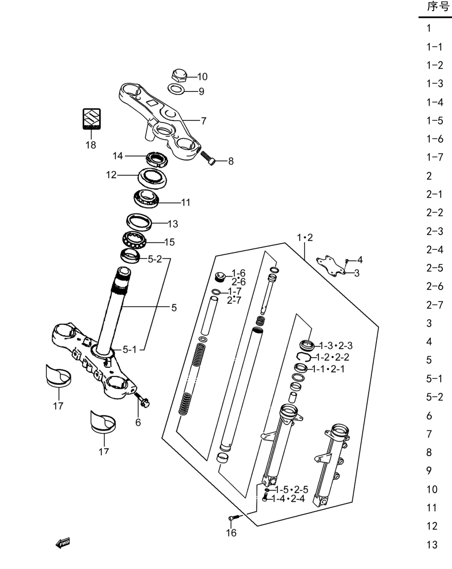 2019 铃木(豪爵铃木) GW GW250 骊驰 ABS版 前叉组 exploded diagram