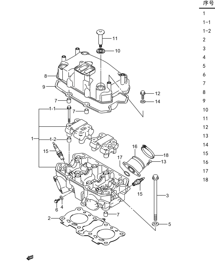 2014 铃木(豪爵铃木) GW GW250F 全导流罩版 气缸头、气缸头盖组 exploded diagram
