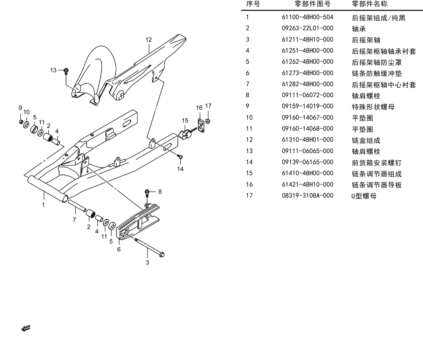 2014 铃木(豪爵铃木) GW GW250F 全导流罩版 后摇架组 exploded diagram