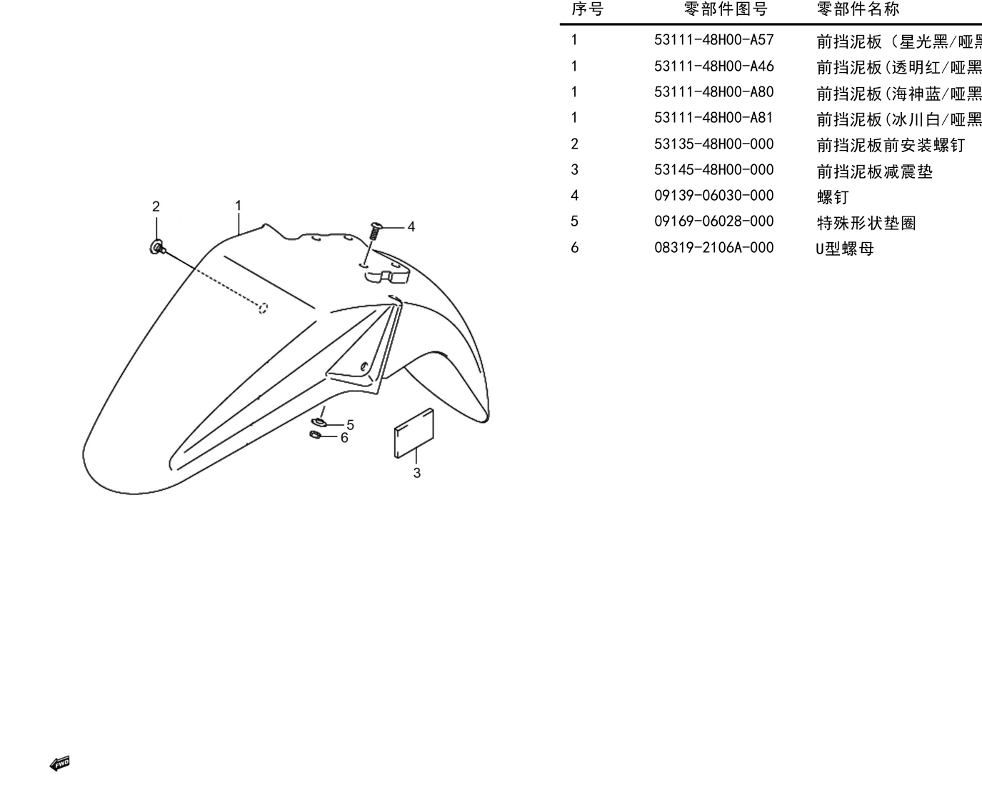 2012 铃木(豪爵铃木) GW GW250 骊驰 前挡泥板组 exploded diagram