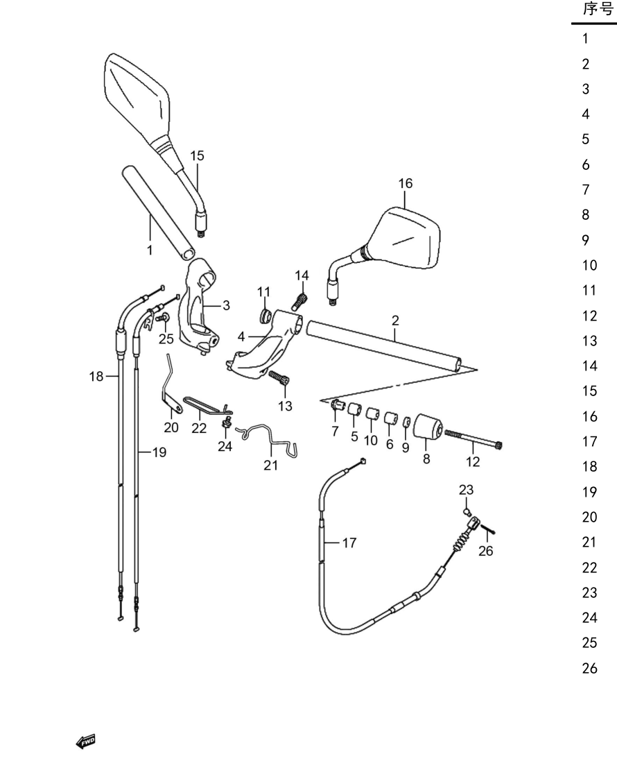 2012 铃木(豪爵铃木) GW GW250 骊驰 车把管组 exploded diagram