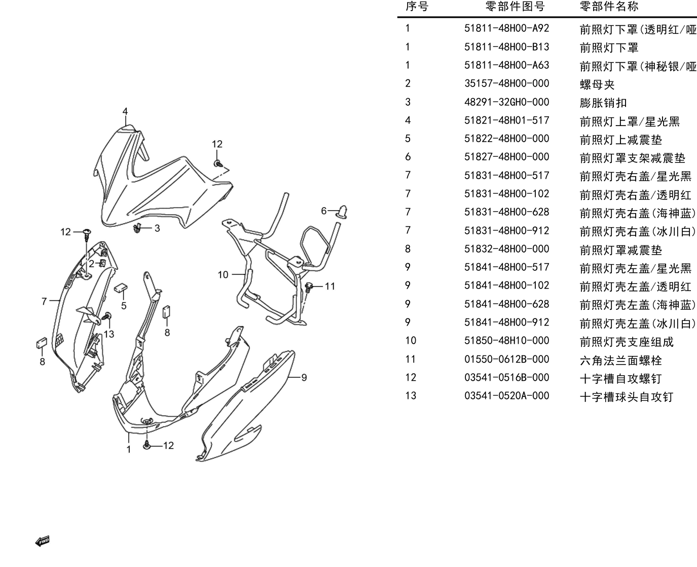 2012 铃木(豪爵铃木) GW GW250 骊驰 前照灯罩组 exploded diagram
